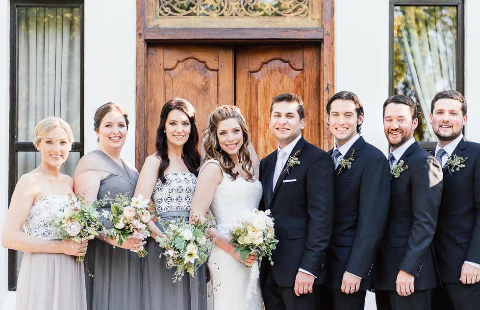 Brautpaar Brautjungfern Groomsmen Hochzeitsfoto Braut Bräutigam