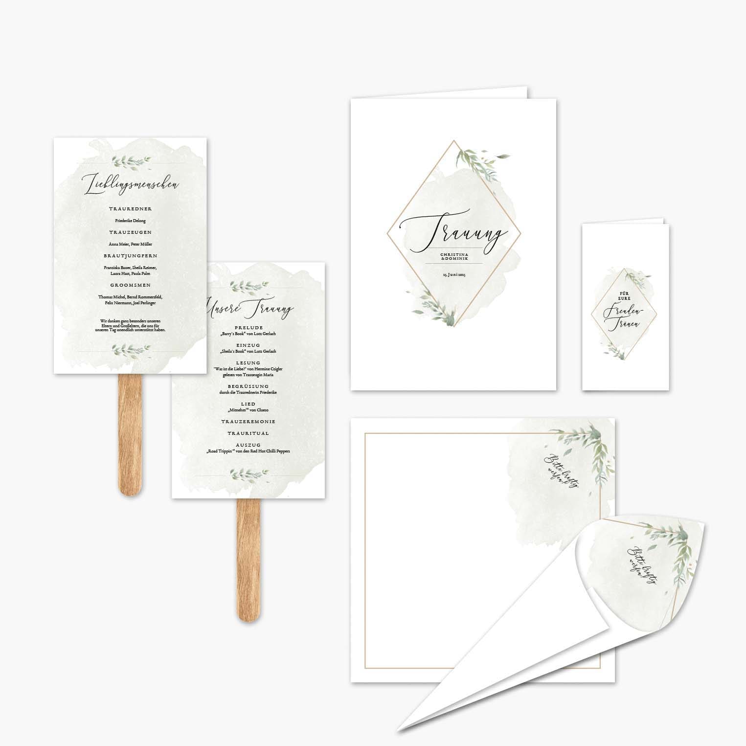 5_Hochzeitsfaecher-Kirchenheft-Freudentraenen-Taschentuecher-Greenery Hochzeitspapeterie Kalligraphie Schrift