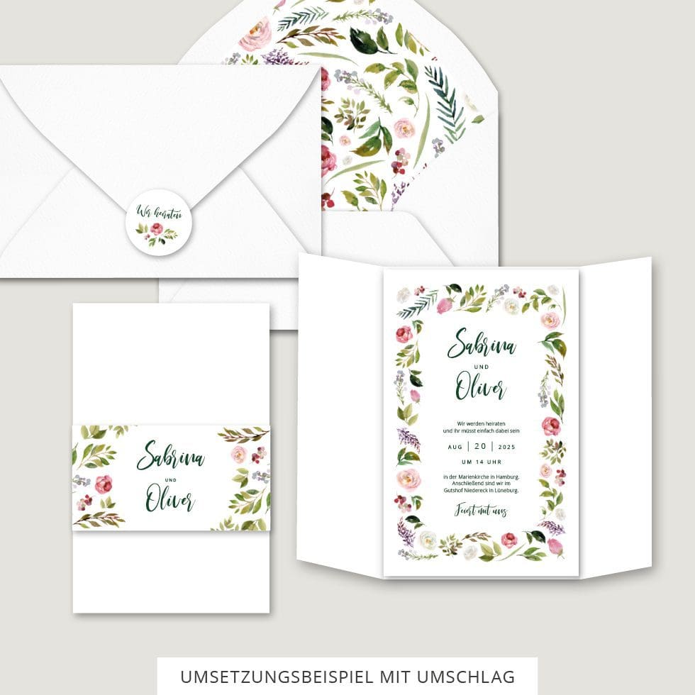 Hochzeitskarten-Blumenkranz10 Hochzeitseinladung mit Umschlag