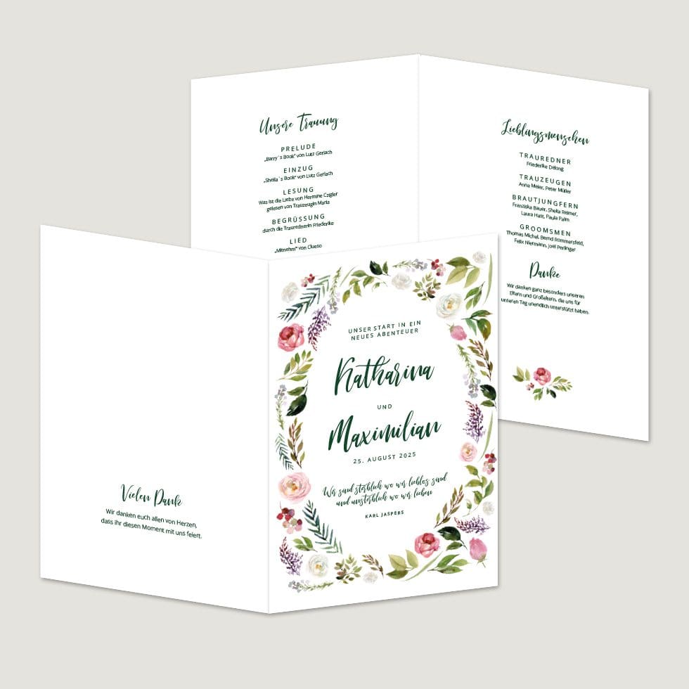 Hochzeitskarten-Blumenkranz20 Kirchenheft & Inhalt Vorlage personalisierbar