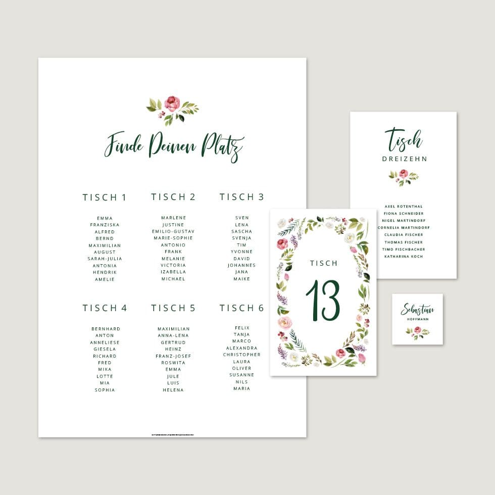 Hochzeitskarten-Blumenkranz26 Sitzplan & Tischkarten Vorlage personalisierbar