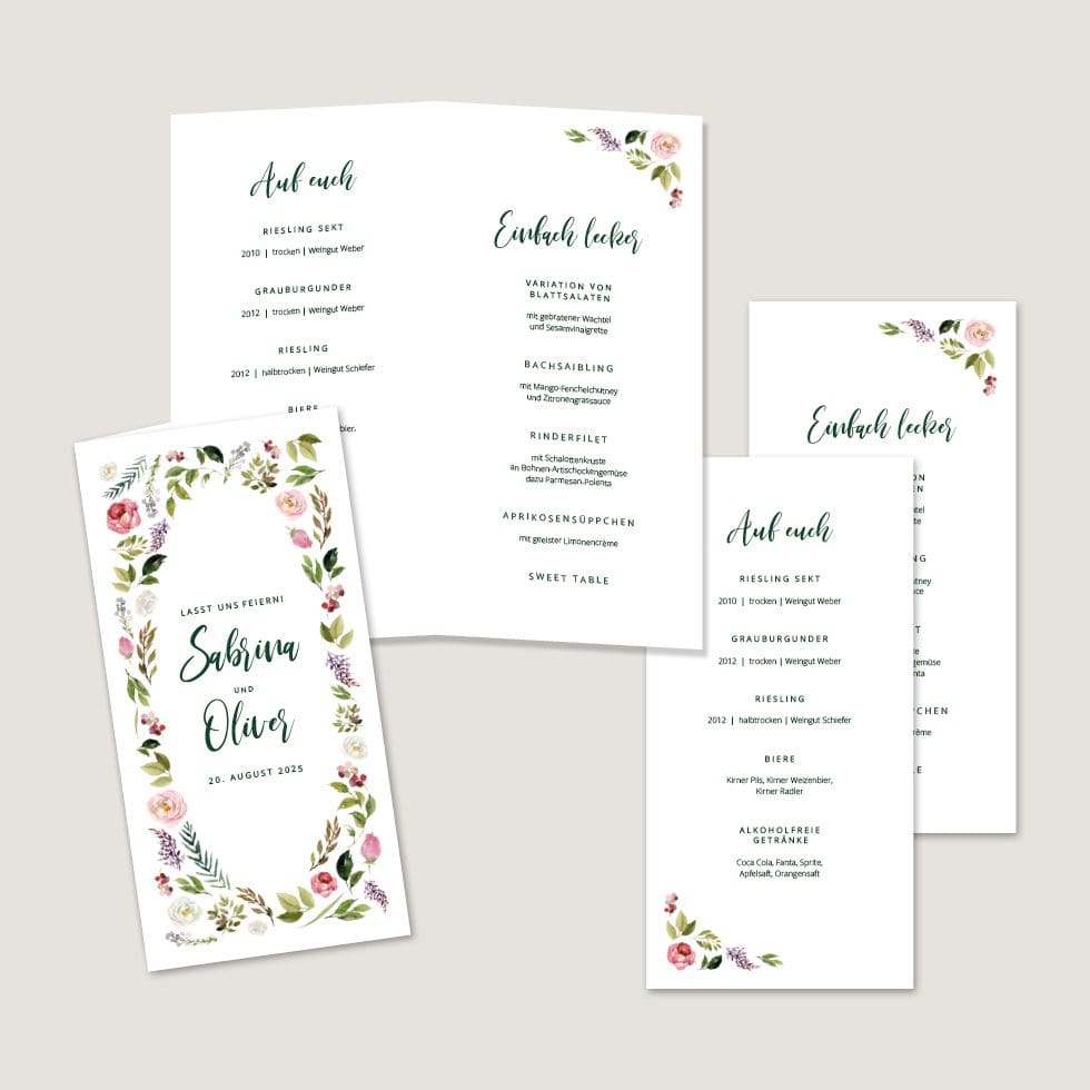 Hochzeitskarten-Blumenkranz27 Menükarten Vorlage personalisierbar