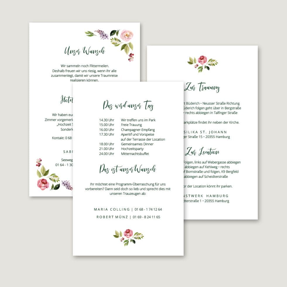 Hochzeitskarten-Blumenkranz5 Infokarten Hochzeitseinladung personalisierbar