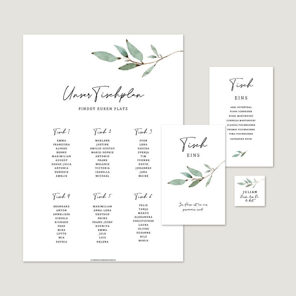 Hochzeitskarten-Branch26 Sitzplan & Tischkarten Vorlage personalisierbar
