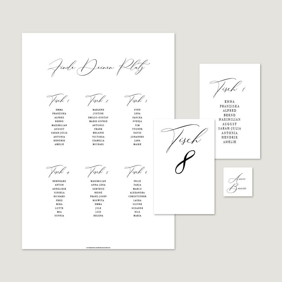 Hochzeitskarten-Calligraphie26 Sitzplan & Tischkarten Vorlage personalisierbar