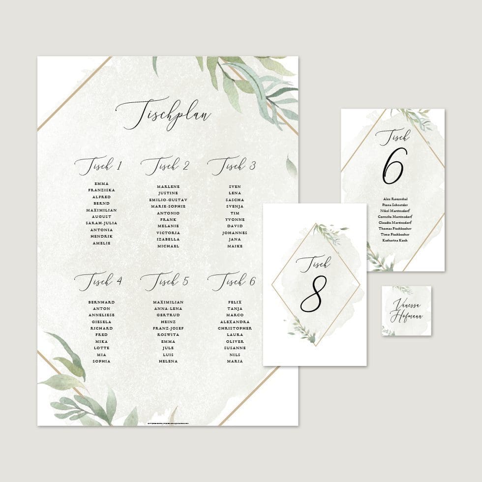 Hochzeitskarten-Greenery26 Sitzplan & Tischkarten Vorlage personalisierbar