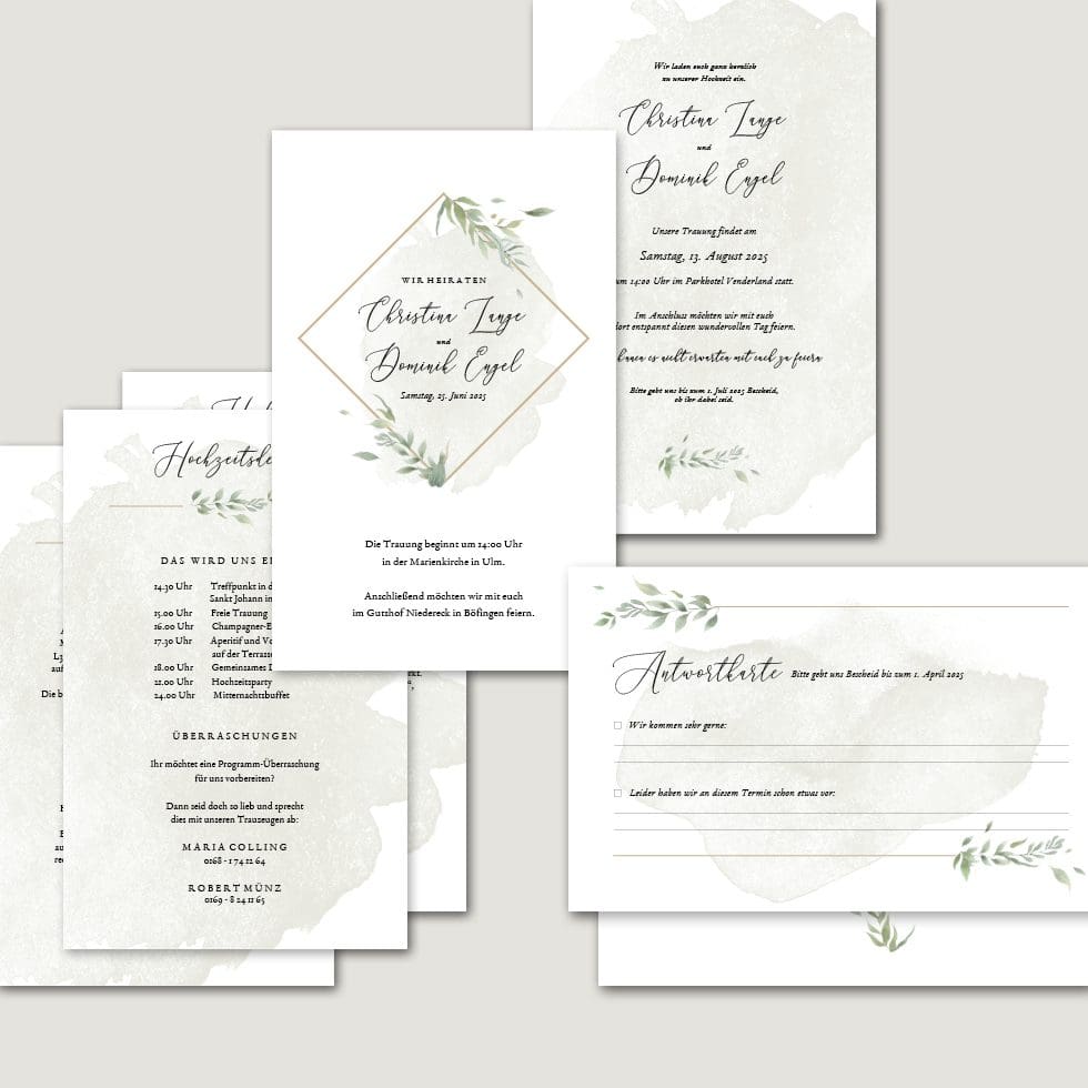 Hochzeitskarten-Greenery3 Hochzeitseinladung Set Vorlage personalisierbar
