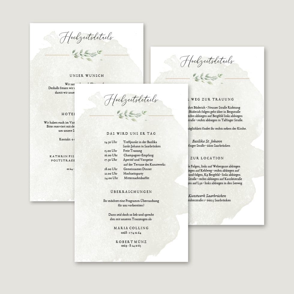 Hochzeitskarten-Greenery5 Infokarten Hochzeitseinladung personalisierbar