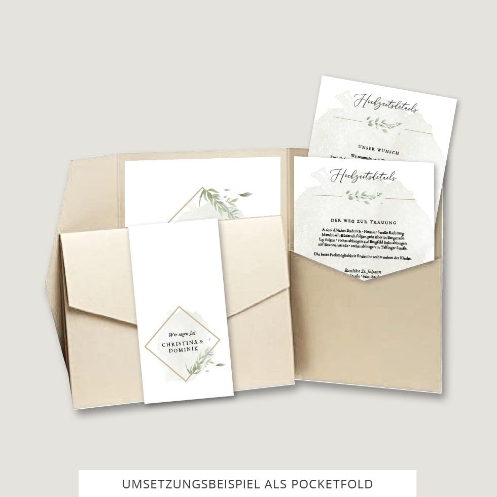 Hochzeitskarten-Greenery8 Hochzeitseinladung Pocketfold Vorlage