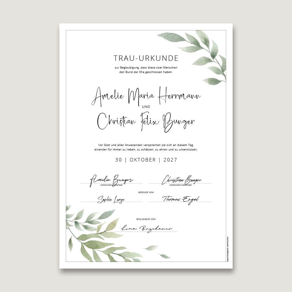 Trauurkunde Greenery Personalisierte Trauurkunde