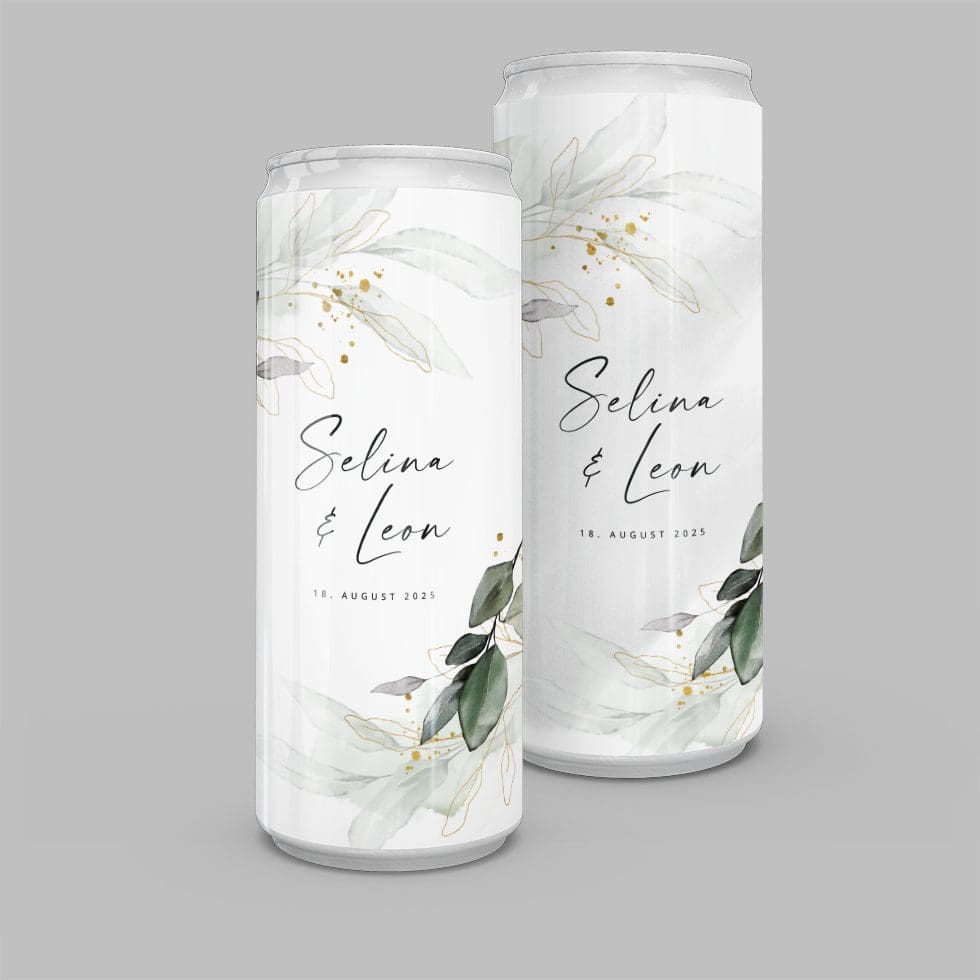 Dose-personalisiert-bedrucken-Eukalyptus-gold Sektdosen Hochzeit Eukalyptus Blätter