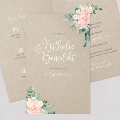 Hochzeitseinladung Vintage Kraftpapier Rosen
