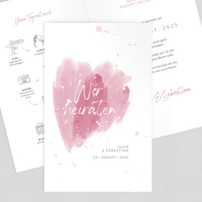 Hochzeitseinladung Herz Wasserfarbe rosa
