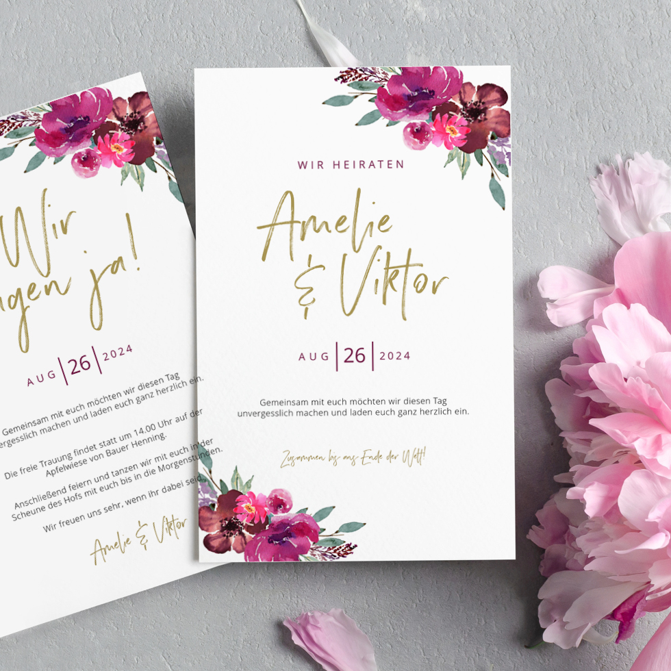 Hochzeitseinladung Bordeaux Blumen Karte Hochzeitseinladung Bordeaux Blumen Karte