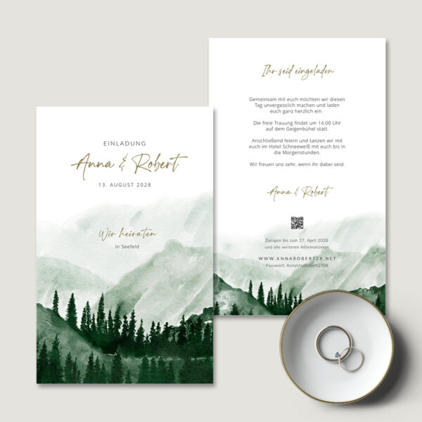 Hochzeitseinladung Wald Berge Design