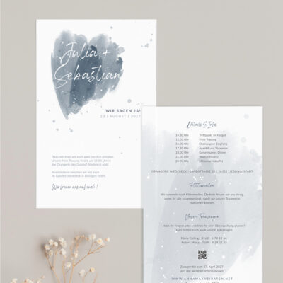 Hochzeitseinladung Karte Wasserfarbe Herz Blau